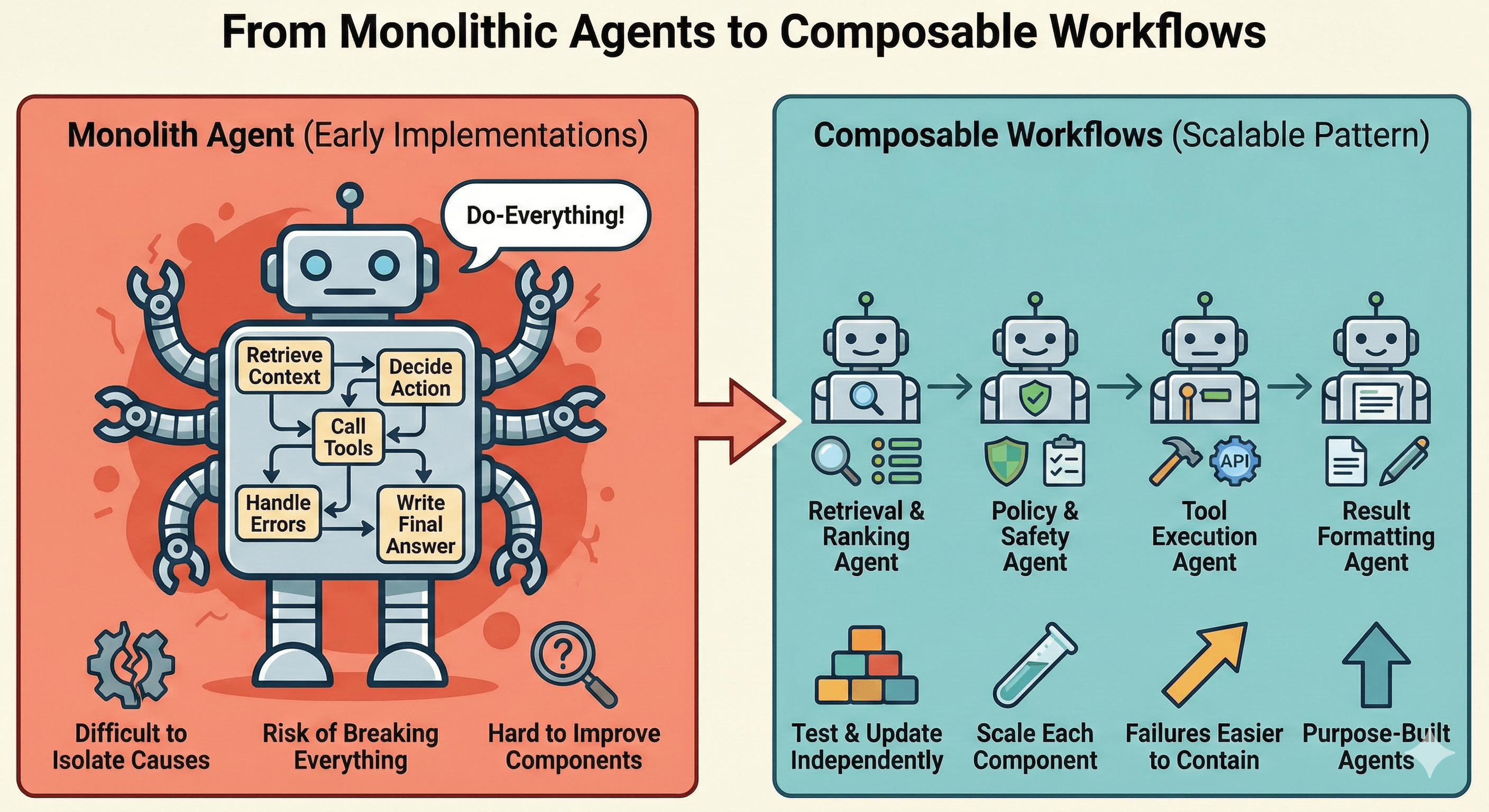 จาก Monolithic Agents สู่ Composable Workflows: สิ่งที่ Microservices สอนเราเรื่องการสร้าง AI Agents ที่เชื่อถือได้